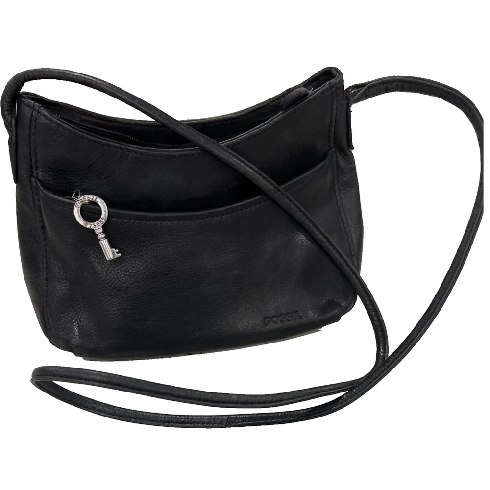 Fossil Vintage Y2K Purse Black Leather Small Crossbody Bag Key Charm